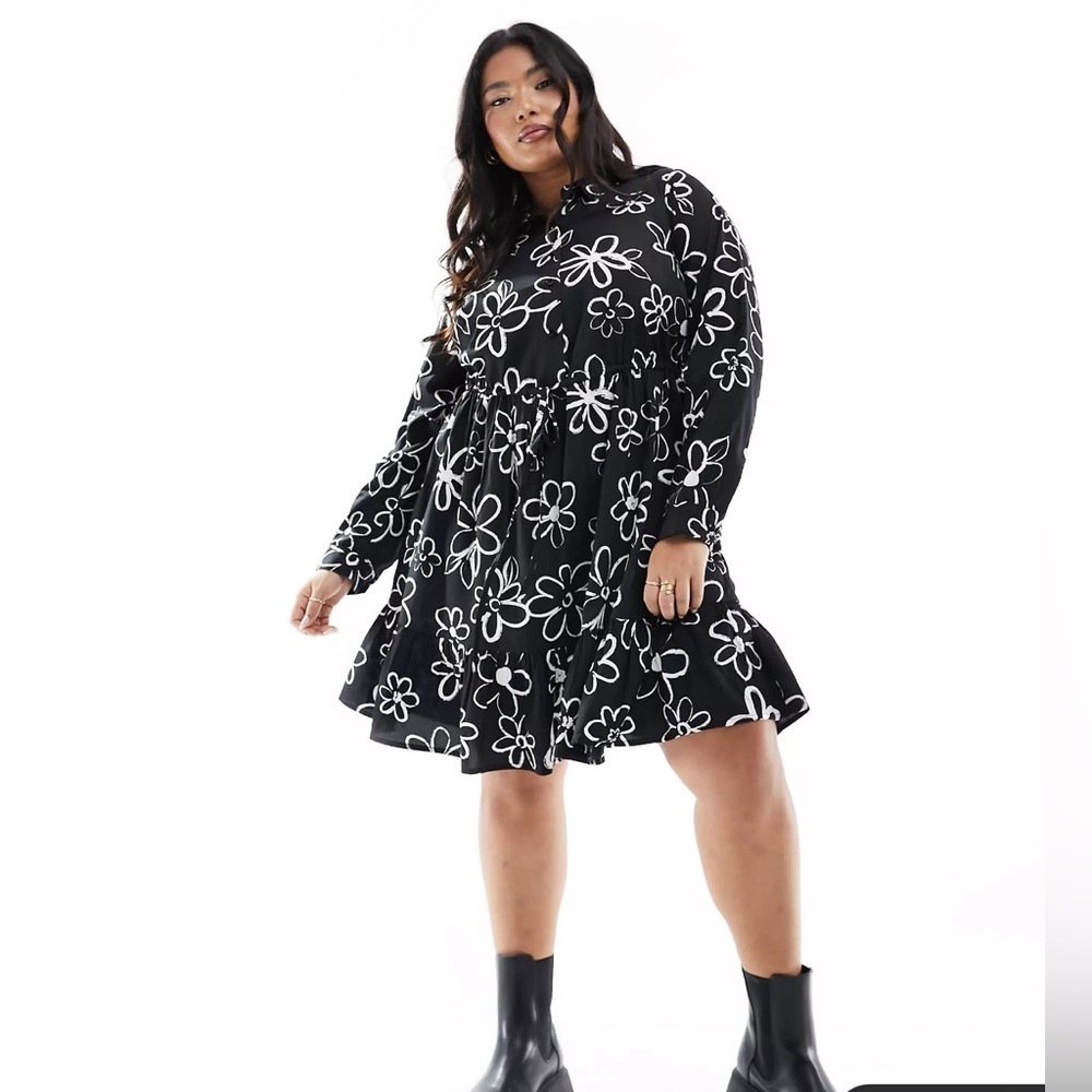 Tunic Dress Doodle Floral Print Black & White | Size 18-20 (Plus Size) | NWT
